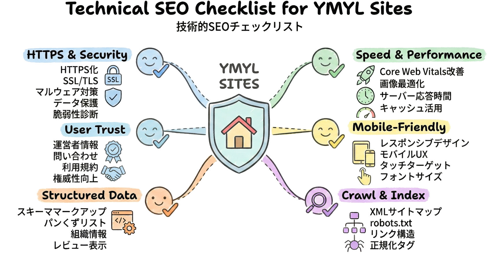 YMYLサイトにおける技術的SEOチェックリストのイメージ図