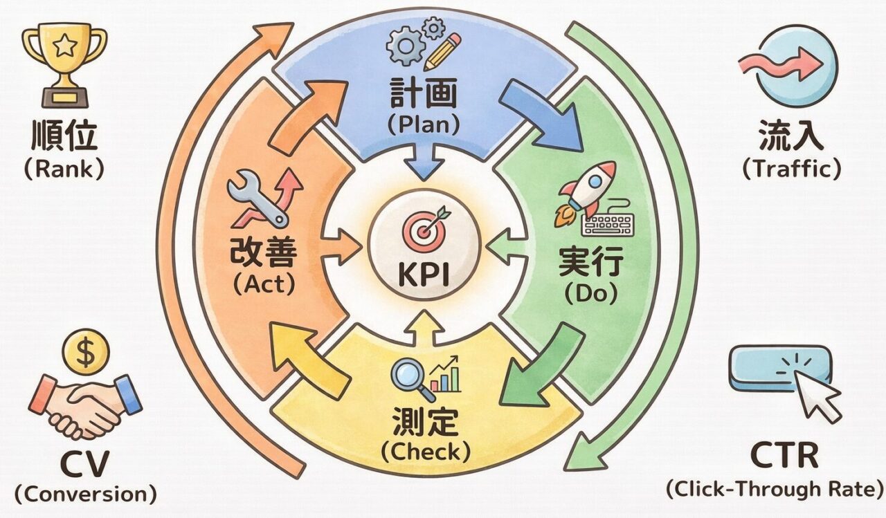 SEO効果測定のKPI設定と分析サイクルを示す概念図
