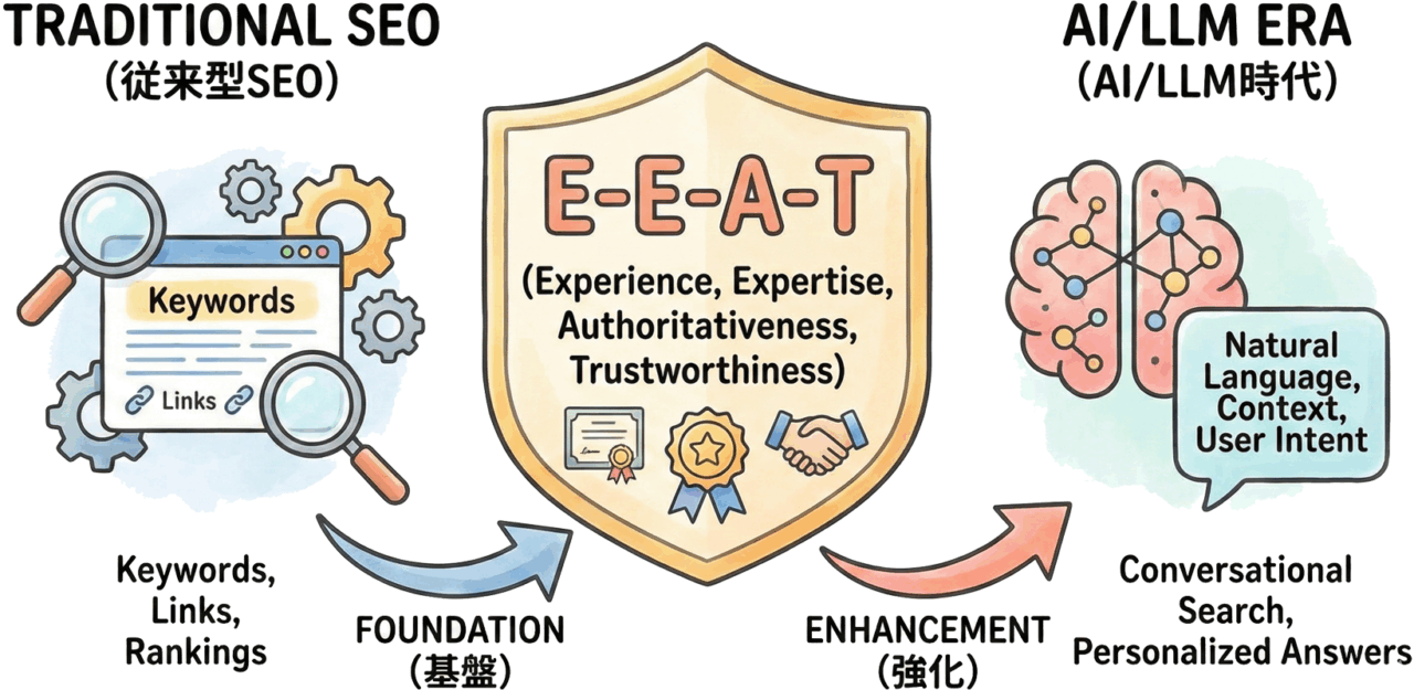 従来のSEO(検索エンジン最適化)とLLMO時代(大規模言語モデル最適化)におけるE-E-A-Tの関係性を示す図