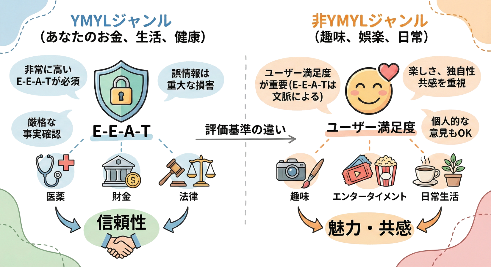 YMYLと非YMYLジャンルの評価基準の違いを比較した図