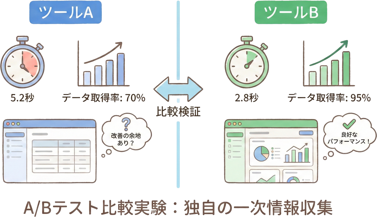 2つのツールを並べて比較実験を行っている写真