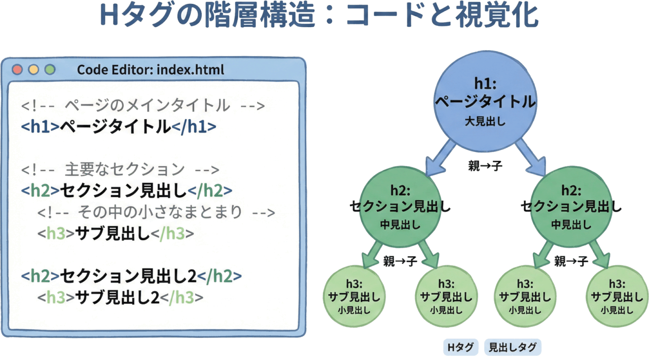 HTMLソースコード上でのHタグ(h1〜h3)の階層構造を示す図解
