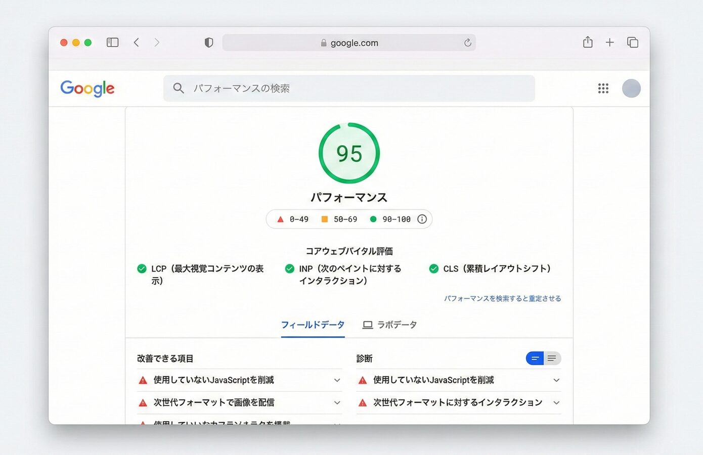 PageSpeed Insightsの分析結果画面の例