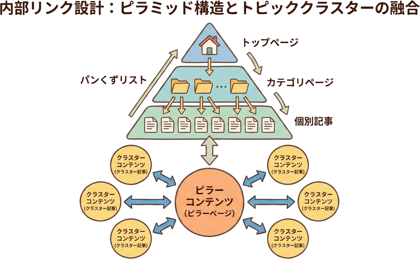 トピッククラスターとピラミッド構造の図解