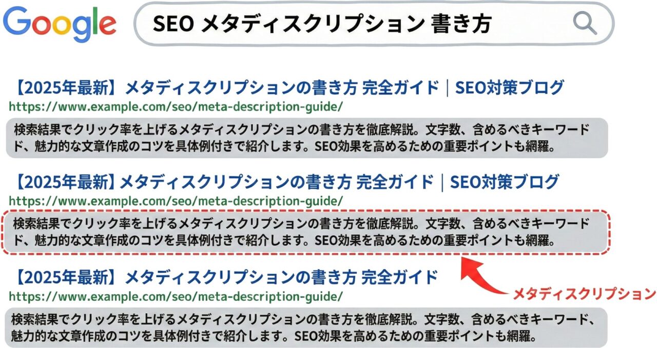 検索結果画面でのメタディスクリプション表示位置を示した図解