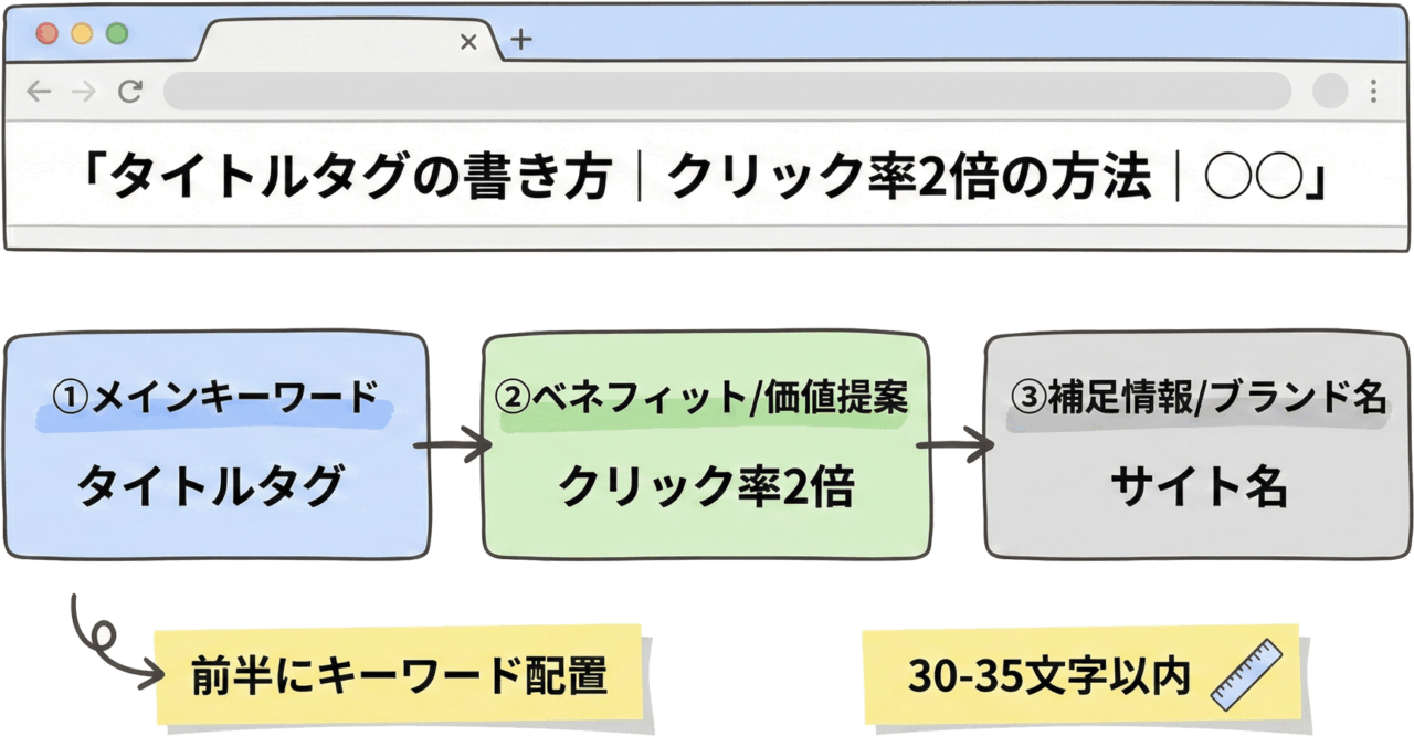 効果的なタイトルタグの構成例を示した図解