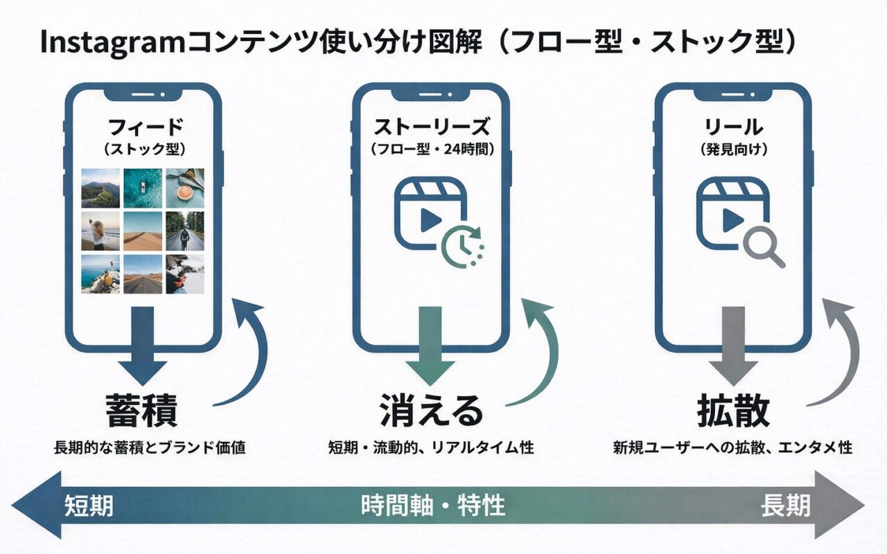 Instagramのフィード・ストーリーズ・リールの使い分けを示した図解