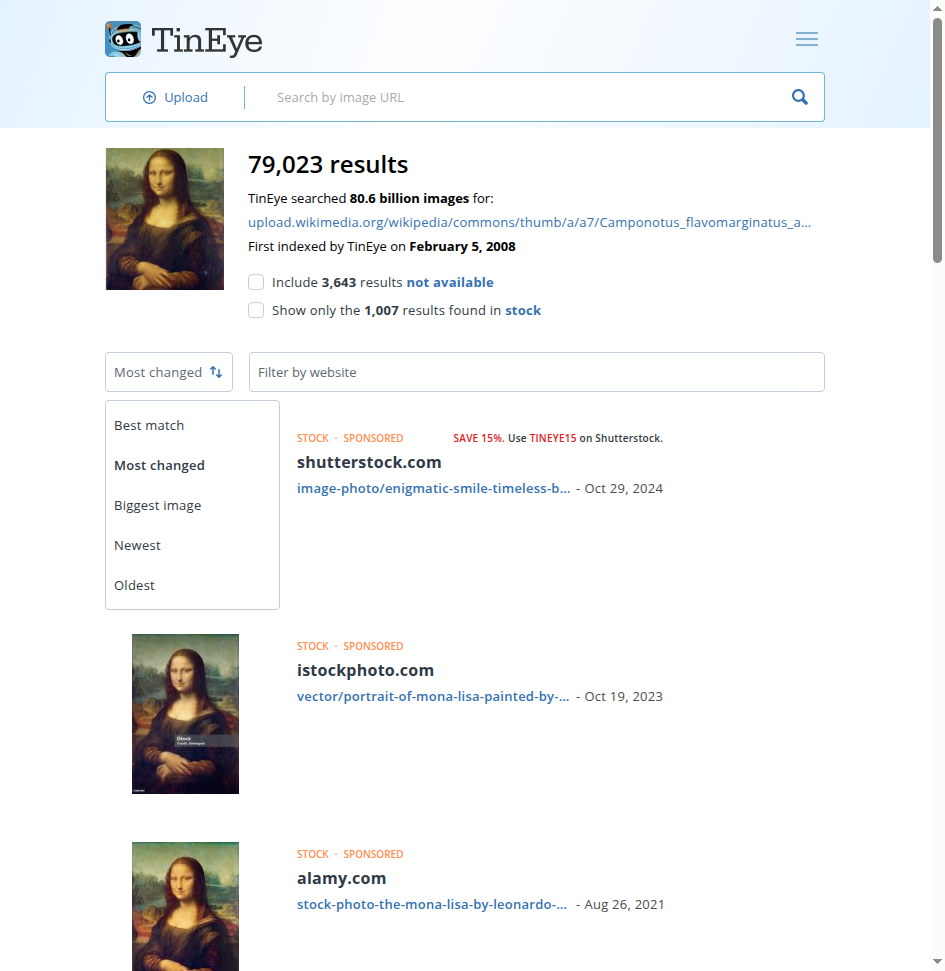 TinEyeの検索画面と結果表示