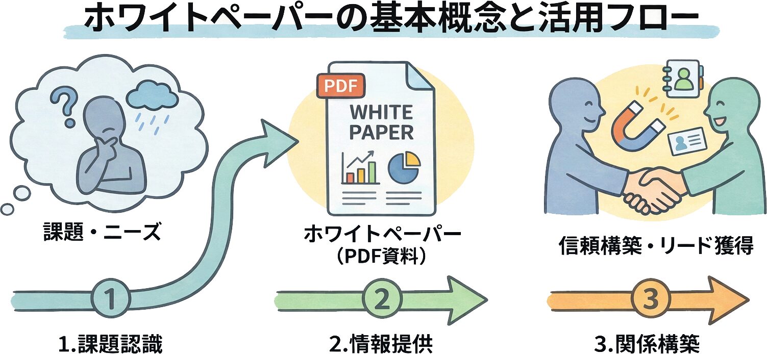 ホワイトペーパーの基本概念と活用フローを示した図解