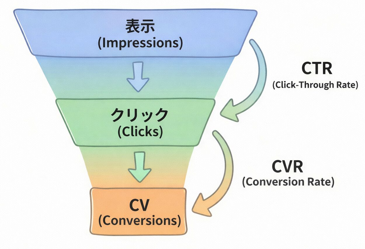 CTRとCVRの関係をマーケティングファネルで示した図解