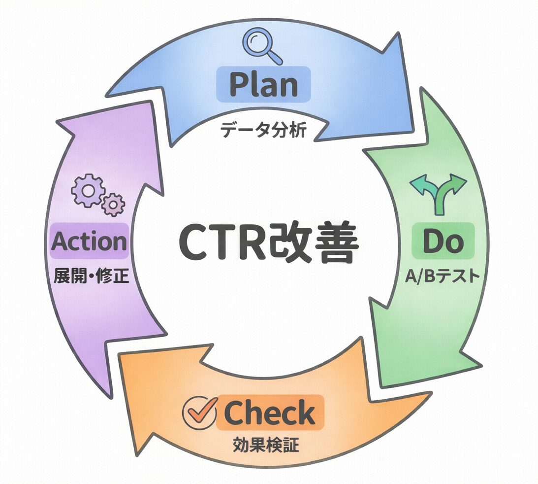 CTR改善のPDCAサイクルを示す循環図